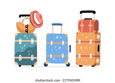 Set of suitcases for comfortable trip. Trendy luggage for stickers, web design, social media and advertisement. Tourism day. Hand drawn cartoon flat vector illustration