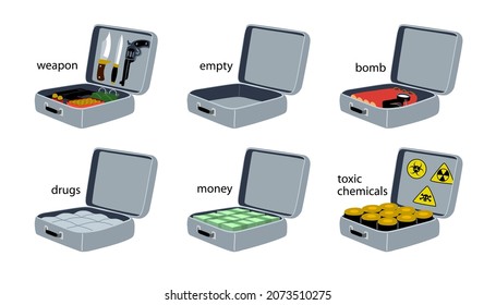 A set of suitcases with contraband, drugs, weapons, bombs, money and toxic chemicals. Customs inspection of baggage. Color vector illustration isolated on a white background in a cartoon style.