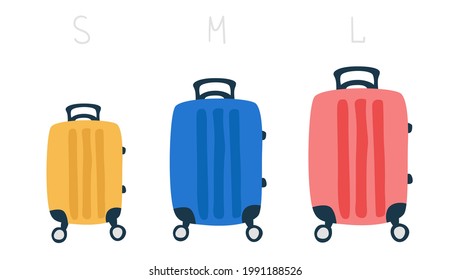 Set of suitcases of different sizes. S, M, L size detailed rolling suitcase. Small, medium and large luggage suitcases. Vector cartoon illustration. Front view. 