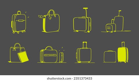 Set of suitcases in doodle style. Luggage icons set. Travel icons. Vector illustration for stickers.
