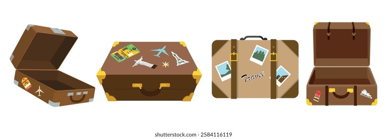 Set of suitcases, front, side in cartoon style.Vector illustration of suitcases closed and open with stickers,architectural landmarks, tickets, airplanes, straps, handles isolated on white background.