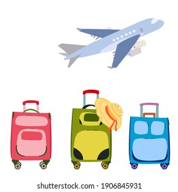 Set of suitcases, a hat and a plane. the journey. opening borders and ending the pandemic. the summer and holidays. a trip to the sea. stock vector illustration on a white background.
