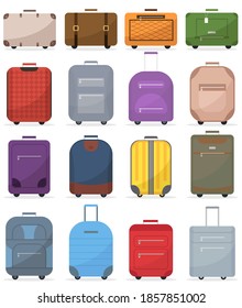 A set of suitcases for luggage. Plastic, metal suitcases, backpacks, luggage bags. Cartoon color bags sign icon case for travel, vacation, tourism. Vector illustration
