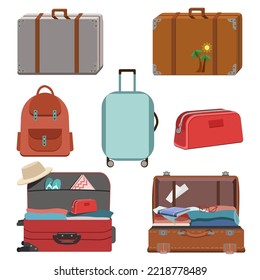 A set of suitcases open with things,closed,backpack,bag,isolated on a white background.Vector collection of luggage for travel and tourism designs.
