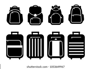 Set of suitcases silhouettes and backpack icons. School backpacks. Travel suitcases on wheels. Vector illustration.