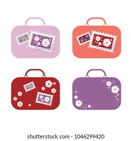Set Suitcases with stickers in the form of marks with the image of flowers. Cartoon style. For poster, card, social media