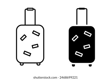 Set of suitcases with stickers icons vector illustrations isolated on white background. Luggage baggage outline icons and black silhouettes. Travel concept icon sheet