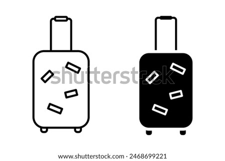 Set of suitcases with stickers icons vector illustrations isolated on white background. Luggage baggage outline icons and black silhouettes. Travel concept icon sheet