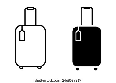 Set of suitcases with tags icons vector illustrations isolated on white background. Luggage baggage outline icons and black silhouettes. Travel concept icon sheet