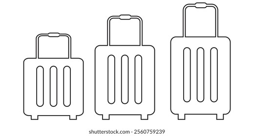 Set of suitcases with tags icons vector illustrations isolated on white background. Luggage baggage outline icons and black silhouettes. Travel concept icon sheet. 333