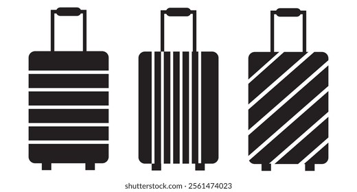 Set of suitcases with tags icons vector illustrations isolated on white background. Luggage baggage outline icons and black silhouettes. Travel concept icon sheet . 333