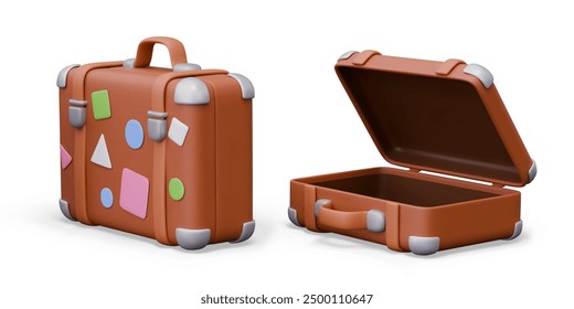 Set of suitcases with tourist stickers in different positions. Closed and open luggage bag