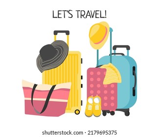 Set of Suitcases with Travel accessories. Inscription let's Travel. Flat vector graphics.