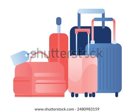 Set of suitcases for travel. Luggage collection in red and blue gradient colors. Various kinds of travel luggage. Family traveling suitcases, cabin luggage and check in baggage. Vector illustration.