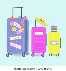 Set of suitcases for traveling with different purposes and directions. Wreath decor, beach hat, stack of books. Vector illustration for social networks, advertising, posters, travel agencies.