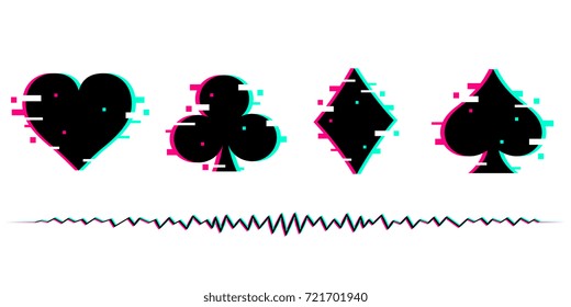 Set of suits deck of cards for playing poker and casino with glitch effect. Vector illustration.