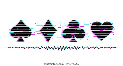 Set of suits deck of cards for playing poker and casino with glitch effect. Vector illustration.