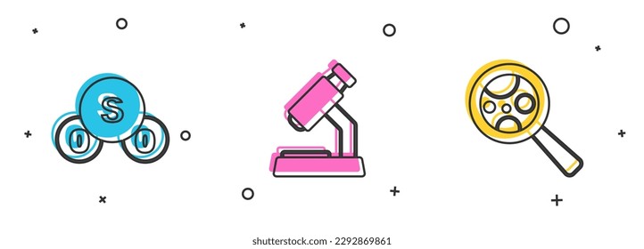 Set Sulfur dioxide SO2, Microscope and Microorganisms under magnifier icon. Vector