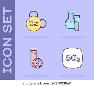 Set Sulfur dioxide SO2, Mineral Ca Calcium, Test tube with toxic liquid and  icon. Vector
