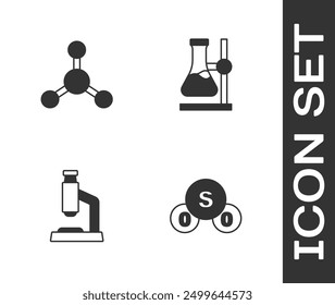 Set Sulfur dioxide SO2, Molecule, Microscope and Test tube flask on stand icon. Vector