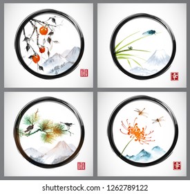 Set of sumi-e paintings in enso zen circle. Traditional Japanese ink wash painting sumi-e: date plum fruits, cicada on grass, birds and flowers. Hieroglyph - happiness.