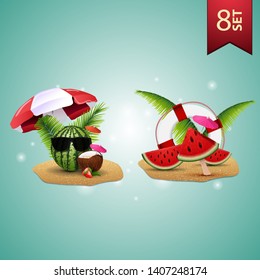 Set of summer 3D icons, watermelon in glasses under a beach umbrella, watermelon slices, palm leaves and lifeline