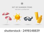 A Set of Summer 3D Vector Items: Sunshade, Sun, Sunglasses, Sunscreen