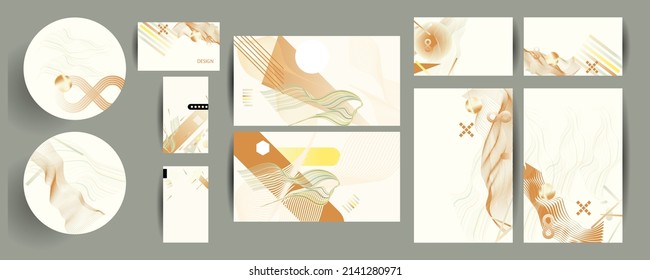 Set Summer Abstract artist new vector background with colorful bright lines shapes. Artistic art social media post design template. Universal layout with brush stroke