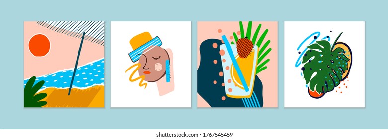 Conjunto de fondos abstractos de verano: playa, mujer cara a sombrero, cóctel, hojas exóticas. Formas de doodles coloridas dibujadas a mano, composiciones artísticas. Moderno estilo contemporáneo de moda. Vector.