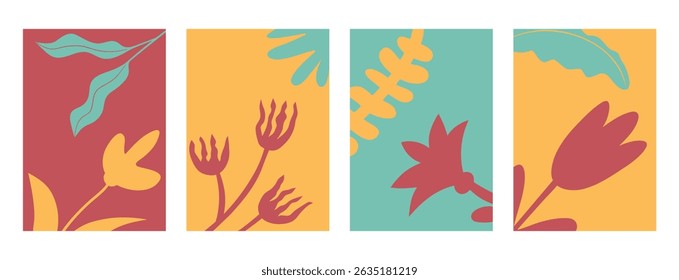 Set of summer abstract botanical backgrounds. Fun floral nature shapes. Banners with summer patterns. Vector illustration.