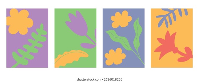 Set of summer abstract botanical backgrounds. Fun floral nature shapes. Banners with summer patterns. Vector illustration.