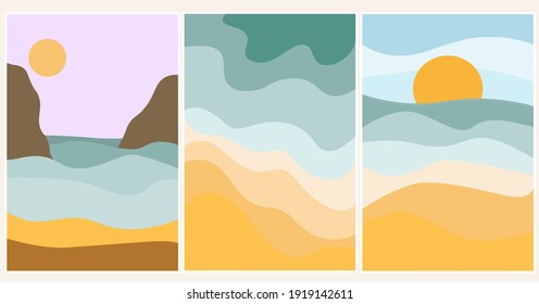 Set of summer abstract content modern landscape poster illustration, background in yellow and blue colors. Sandy beach, mountains, beach on the sea, ocean. Vector graphics