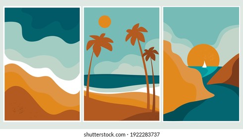  Set of summer abstract content modern landscape poster banner illustration, background in yellow and blue colors. Sandy beach, mountains, beach on the sea, palms, ocean. Vector graphics