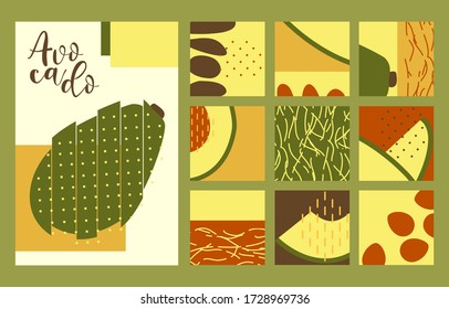 Set of summer abstract geometric cards with avocado tropical fruit and handwritten text. Creative botanical pattern with memphis style elements. Cute vector design for cover print, banners, cards.