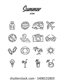 Set of summer abstract icons on the theme of travel, tourism. Linear style beach icons for mobile applications, web sites, flat logo on a white background. Vector illustration