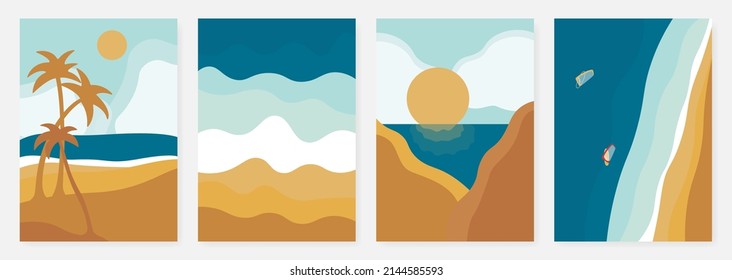 Set of summer abstract modern landscape poster. Banner illustration of sandy beach, mountains, beach on the sea, palms, ocean.