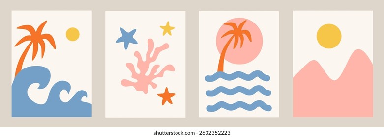 Set of summer abstract poster. Modern flat landscape for banner illustration, background in white color with sunny beach, mountains, coral, starfish, wave, water sea, palm tree, ocean. Vector graphics