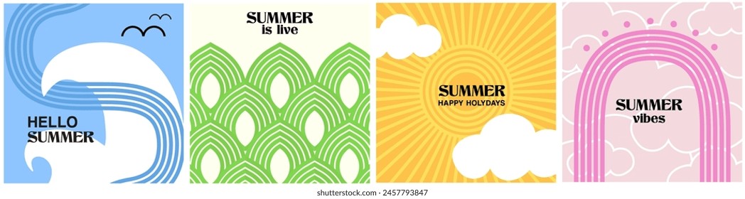set summer abstract posters. minimal retro design square covers with landscape