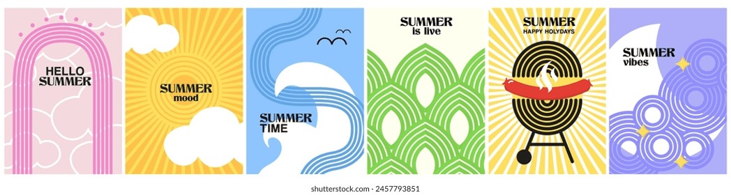 set summer abstract posters in minimal style. retro design wavy, sunny covers