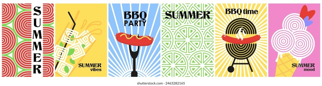 set summer abstract posters in minimal style. retro design wavy line, sunny food covers