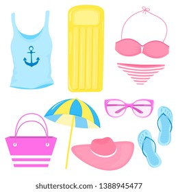 A set of summer accessories for a beach holiday. Swimsuit, T-shirt, panama, air mattress, bag, parasol, sunglasses, flip flops.