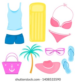 A set of summer accessories for a beach holiday. Swimsuit, T-shirt, panama, air mattress, bag, shorts, sunglasses, flip flops.