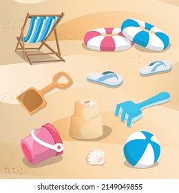 Set of summer accessories and beach toys, vector icons