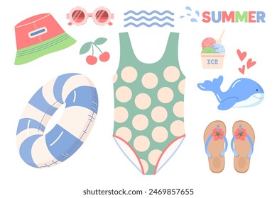 Set of summer accessories for child on vacation on beach at sea: one-piece swimsuit for girl, Panama hat, sunglasses, swimming ring, flip-flops. Cute vector illustration on white isolated background.