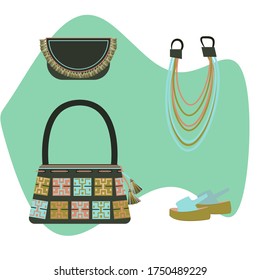 Set of summer accessories. Colombian bag, bijouterie, pocket, sandals 2