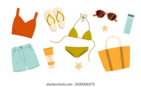 Conjunto de accesorios de verano. Ilustración vectorial plana aislada en blanco