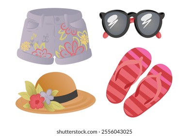 Set of summer accessories including floral denim shorts, black sunglasses, straw hat with flowers, and red striped flip-flops. Vector illustration isolated on white background.