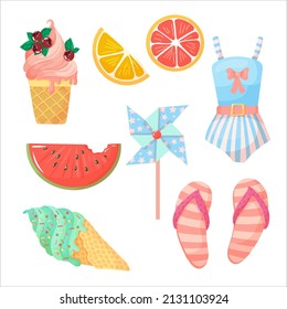 Set of summer accessories. Items for holidays or weekends at the seaside. Vector illustration isolated on white background.