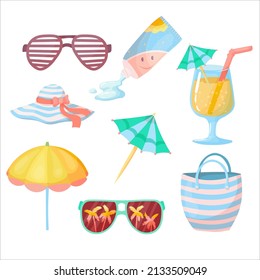 Set von Sommerzubehör. An Feiertagen oder Wochenenden am Meer. Vektorgrafik einzeln auf weißem Hintergrund.