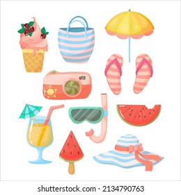 Set of summer accessories. Items for holidays or weekends at the seaside. Vector illustration isolated on white background.
